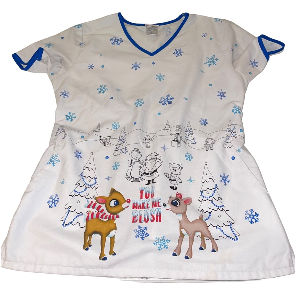 Rudolph Red Nosed Reindeer Scrub Top Christmas Holiday White size small